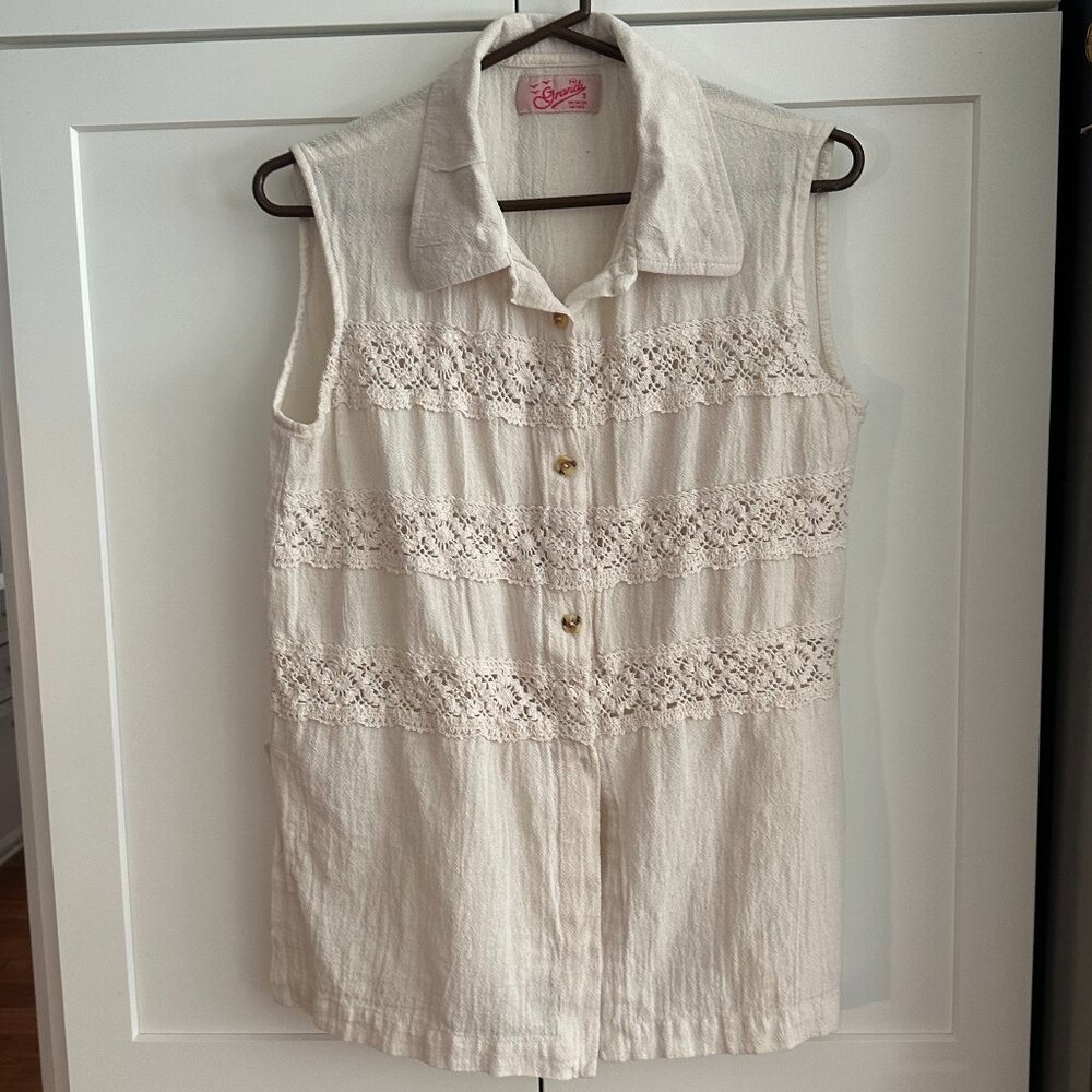 Grandi Women's Ivory Top, Sleeveless, Medium, Button Down Shirt